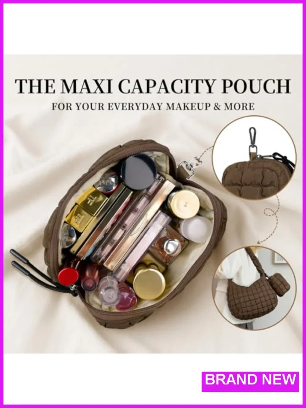 Quilted Puffer Tote Bag with Adjustable Strap and Detachable Pouch